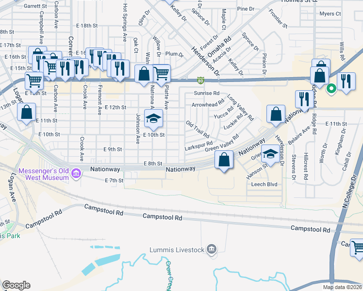 map of restaurants, bars, coffee shops, grocery stores, and more near 2913 East 10th Street in Cheyenne