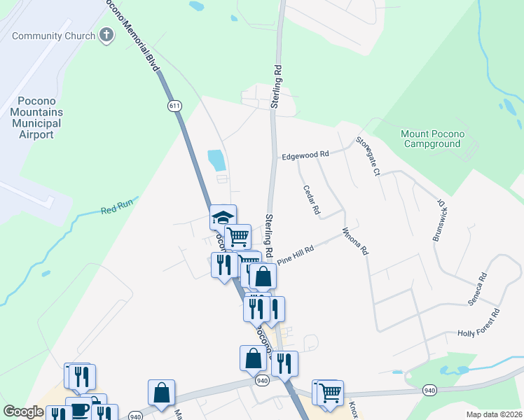 map of restaurants, bars, coffee shops, grocery stores, and more near 152 Sterling Road in Mount Pocono