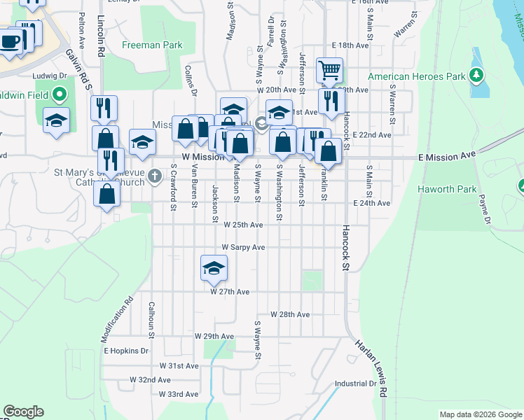 map of restaurants, bars, coffee shops, grocery stores, and more near 2312 South Wayne Street in Bellevue
