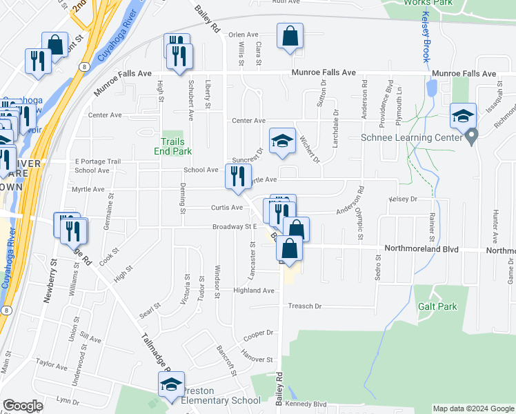 map of restaurants, bars, coffee shops, grocery stores, and more near 2025 Bailey Road in Cuyahoga Falls
