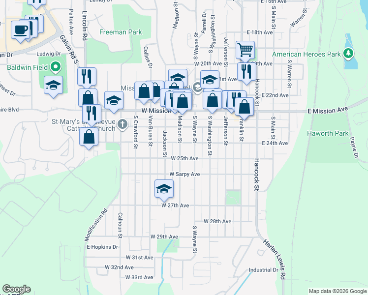 map of restaurants, bars, coffee shops, grocery stores, and more near 2312 South Wayne Street in Bellevue
