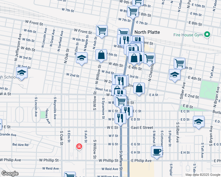 map of restaurants, bars, coffee shops, grocery stores, and more near 200-298 W 2nd St in North Platte