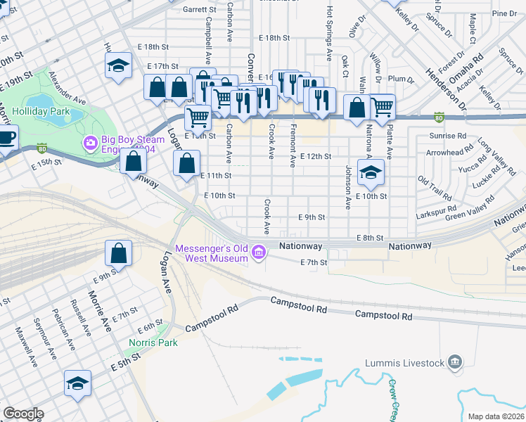 map of restaurants, bars, coffee shops, grocery stores, and more near 921 Converse Avenue in Cheyenne