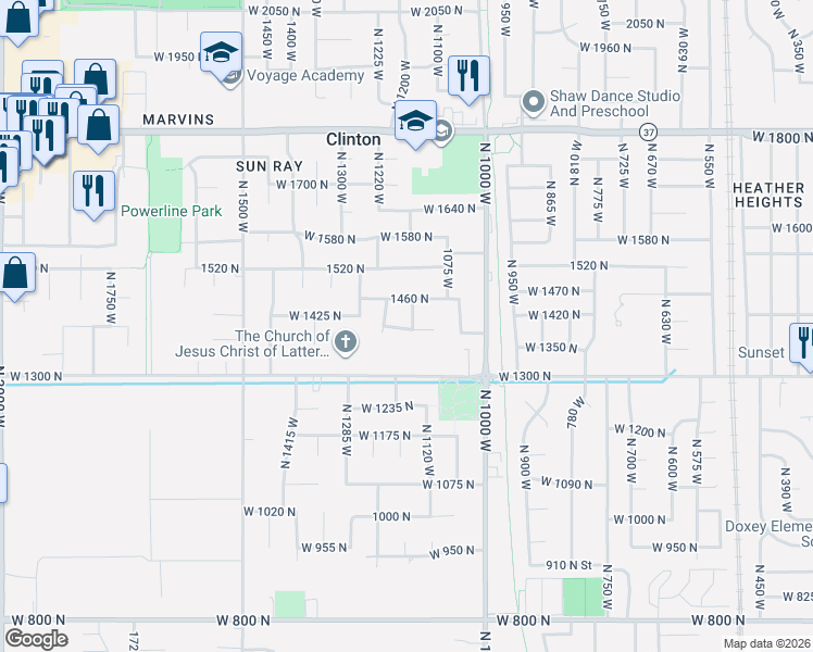 map of restaurants, bars, coffee shops, grocery stores, and more near 1433 1150 West in Clinton