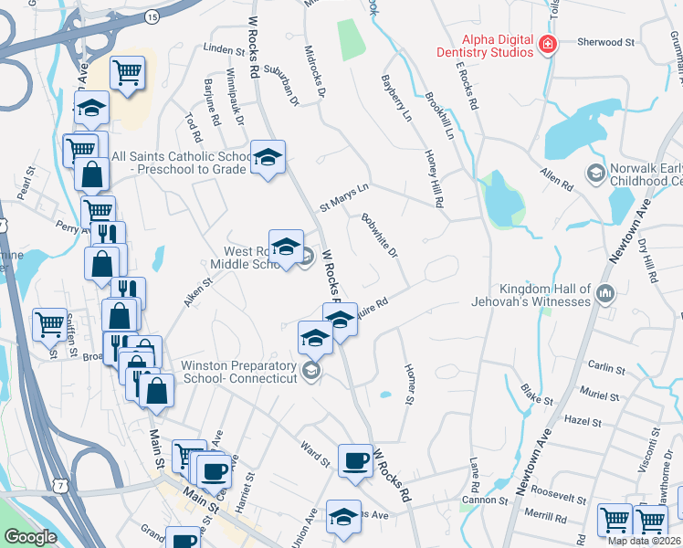 map of restaurants, bars, coffee shops, grocery stores, and more near 14 Crocus Lane in Norwalk