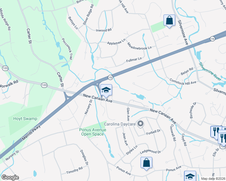 map of restaurants, bars, coffee shops, grocery stores, and more near 11 Purdy Road in Norwalk