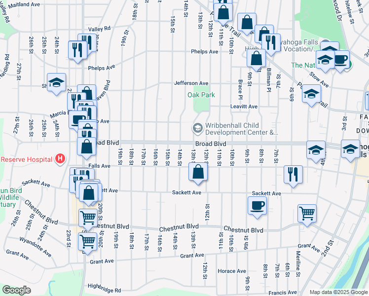 map of restaurants, bars, coffee shops, grocery stores, and more near 1319 Broad Boulevard in Cuyahoga Falls