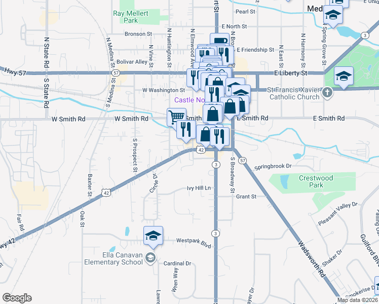 map of restaurants, bars, coffee shops, grocery stores, and more near 217 Lafayette Road in Medina