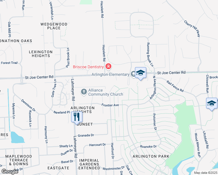 map of restaurants, bars, coffee shops, grocery stores, and more near 7810 Saint Joe Center Road in Fort Wayne