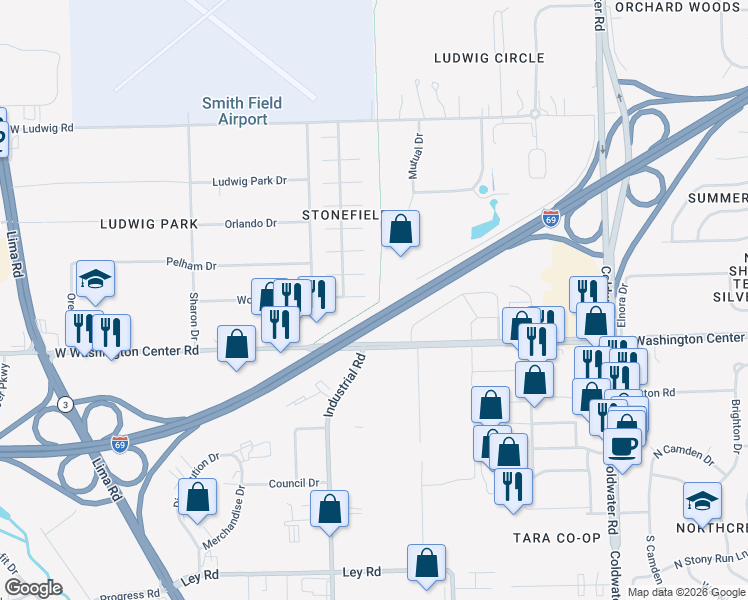 map of restaurants, bars, coffee shops, grocery stores, and more near 508 Wolverton Dr in Fort Wayne