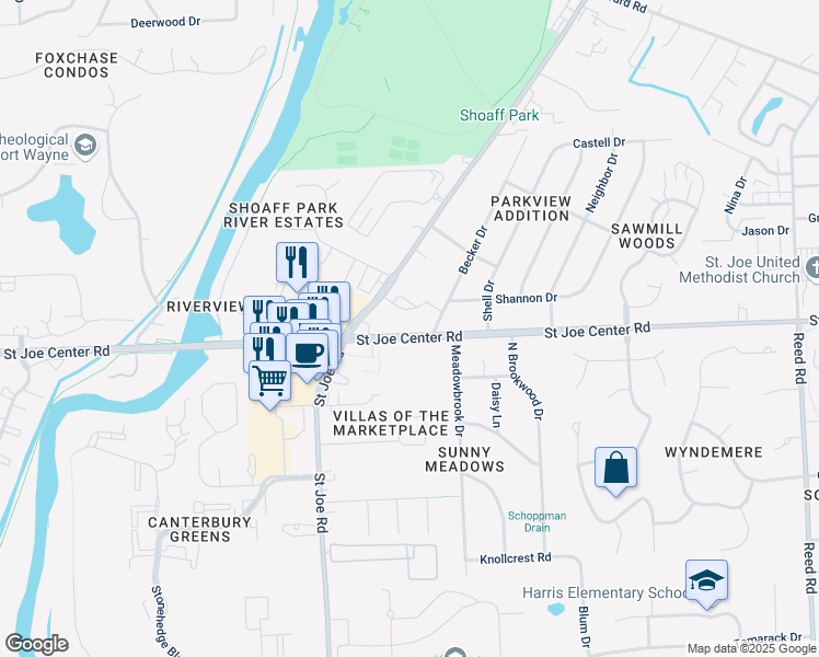 map of restaurants, bars, coffee shops, grocery stores, and more near 3553 Saint Joe Center Road in Fort Wayne