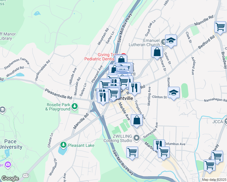 map of restaurants, bars, coffee shops, grocery stores, and more near 50 Memorial Plaza in Pleasantville