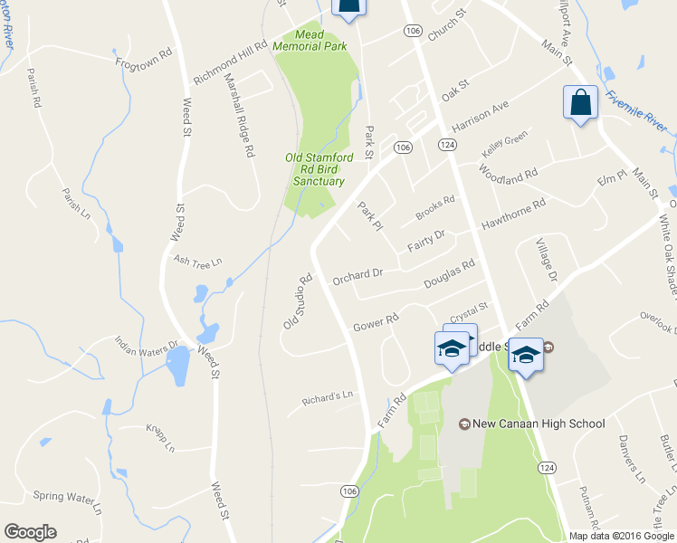 map of restaurants, bars, coffee shops, grocery stores, and more near 145 Orchard Drive in New Canaan