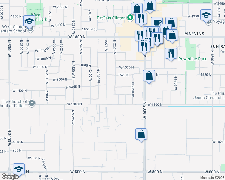 map of restaurants, bars, coffee shops, grocery stores, and more near 1401 North 2225 West in Clinton