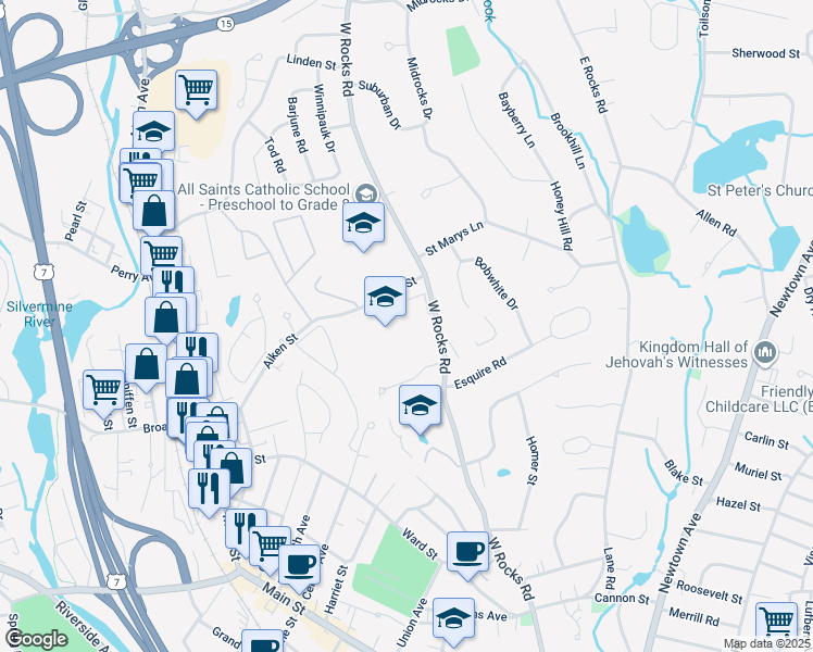 map of restaurants, bars, coffee shops, grocery stores, and more near 81 West Rocks Road in Norwalk