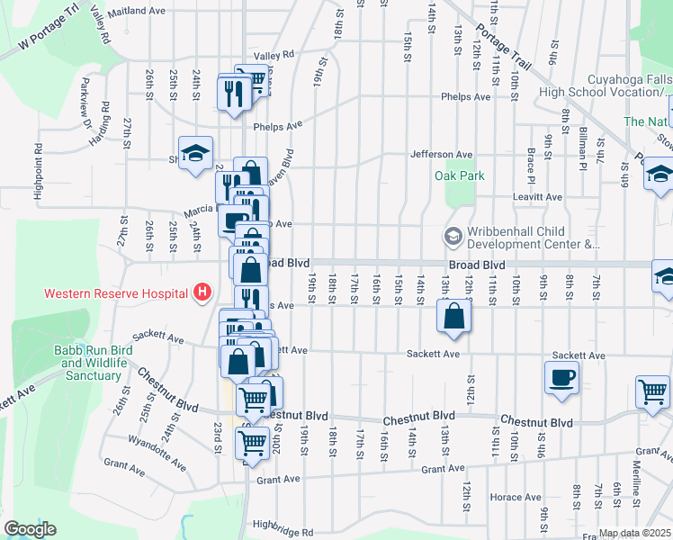 map of restaurants, bars, coffee shops, grocery stores, and more near 1740 Broad Boulevard in Cuyahoga Falls