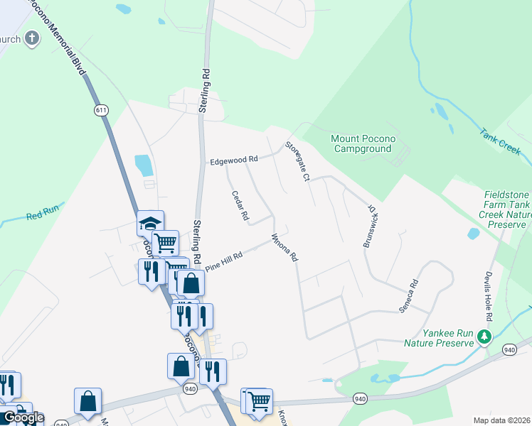 map of restaurants, bars, coffee shops, grocery stores, and more near 225 Winona Road in Mount Pocono