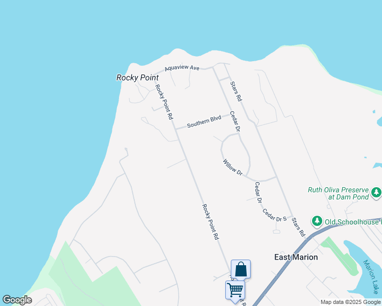 map of restaurants, bars, coffee shops, grocery stores, and more near 3870 Rocky Point Road in East Marion