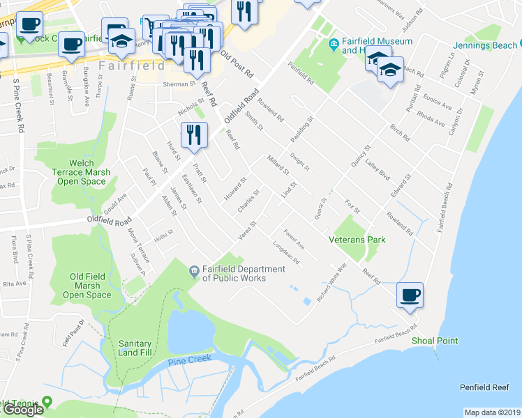 map of restaurants, bars, coffee shops, grocery stores, and more near 77 Charles Street in Fairfield