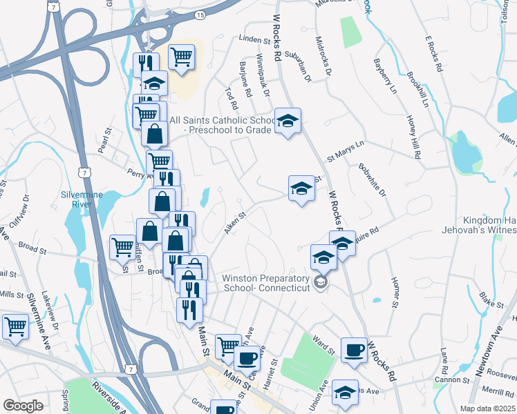 map of restaurants, bars, coffee shops, grocery stores, and more near 71 Aiken Street in Norwalk