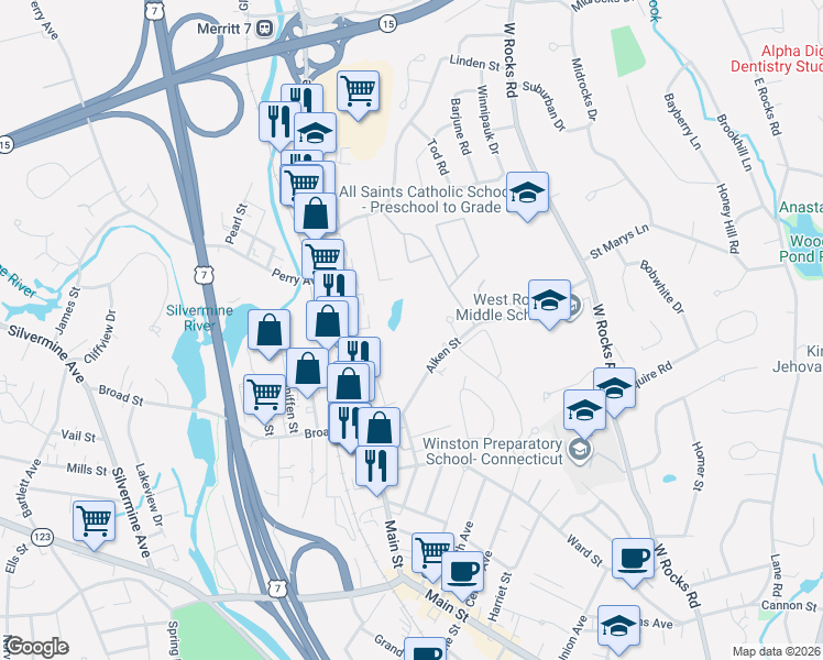 map of restaurants, bars, coffee shops, grocery stores, and more near 50 Aiken Street in Norwalk