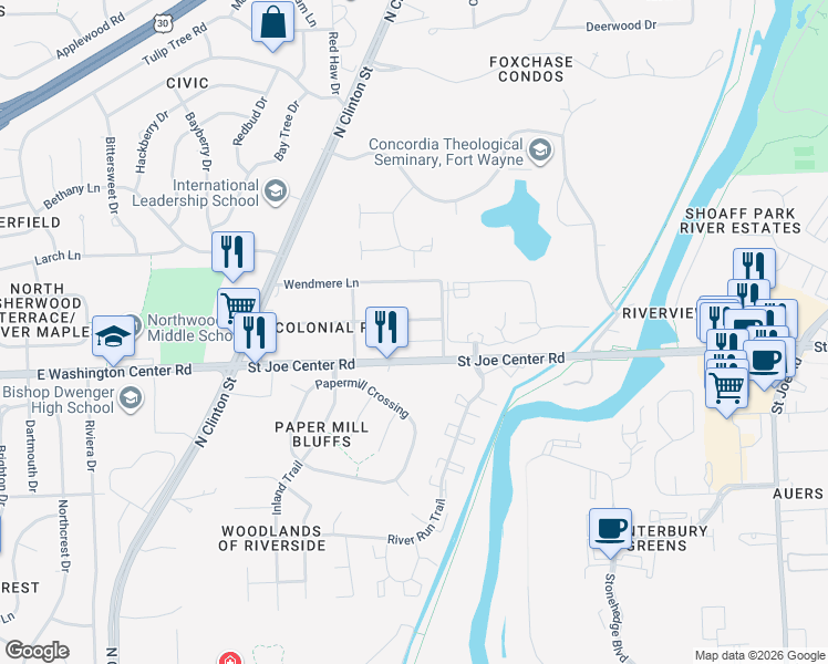 map of restaurants, bars, coffee shops, grocery stores, and more near 1924 Colony Drive in Fort Wayne