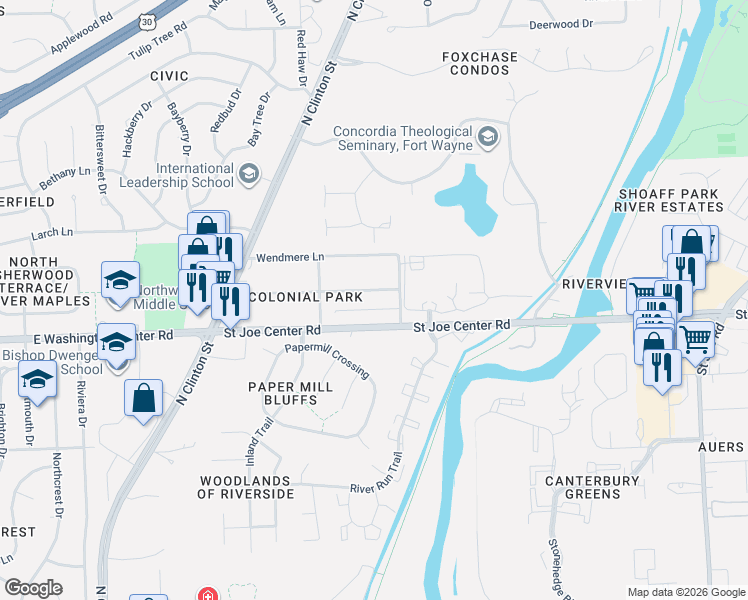 map of restaurants, bars, coffee shops, grocery stores, and more near 1924 Colony Drive in Fort Wayne