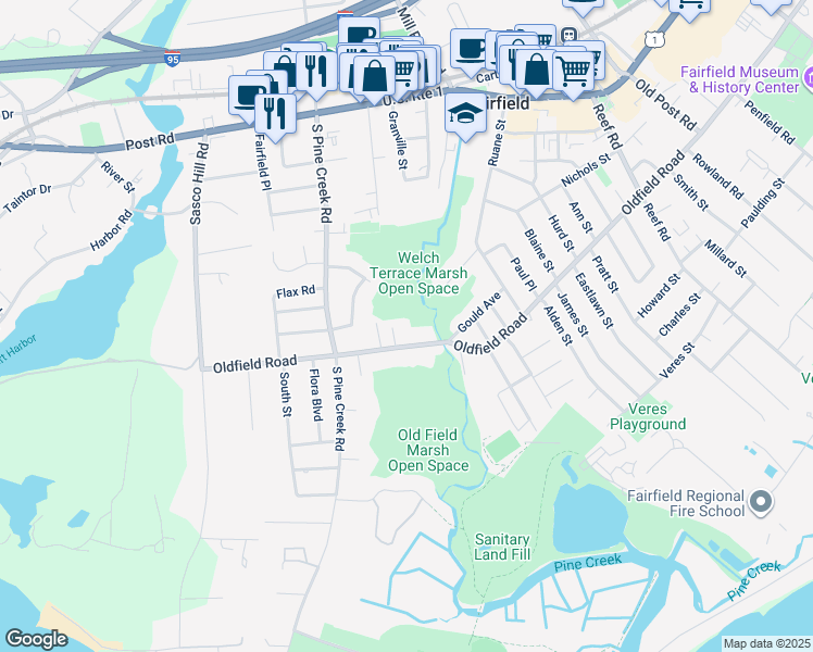 map of restaurants, bars, coffee shops, grocery stores, and more near 820 Oldfield Road in Fairfield