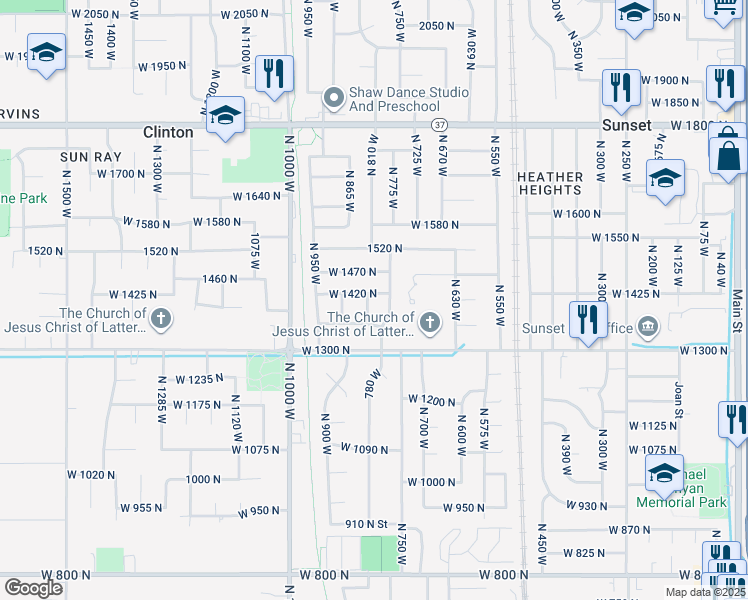 map of restaurants, bars, coffee shops, grocery stores, and more near 1408 North 820 West in Clinton