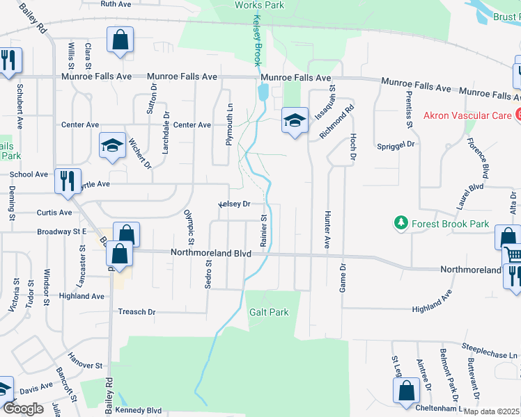 map of restaurants, bars, coffee shops, grocery stores, and more near 2036 Rainier Street in Cuyahoga Falls