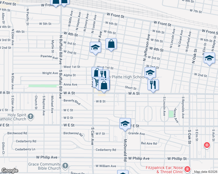 map of restaurants, bars, coffee shops, grocery stores, and more near 1811 West A Street in North Platte