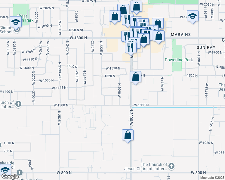 map of restaurants, bars, coffee shops, grocery stores, and more near 2141 West 1450 North in Clinton