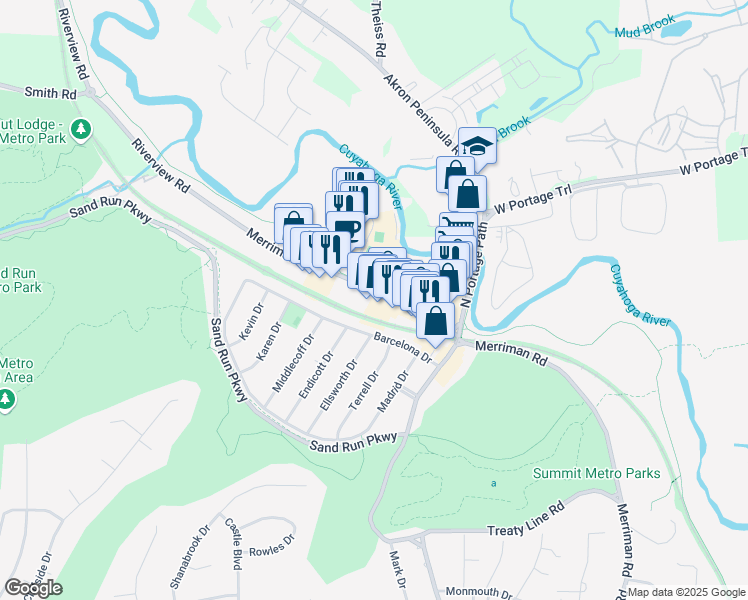 map of restaurants, bars, coffee shops, grocery stores, and more near 1730 Merriman Road in Akron