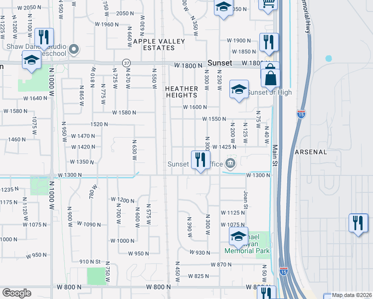 map of restaurants, bars, coffee shops, grocery stores, and more near 389 West 1425 North in Sunset