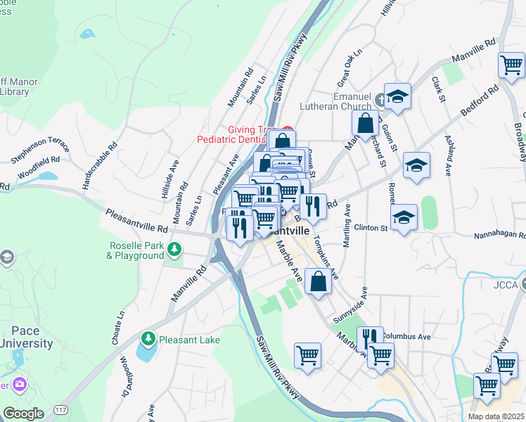 map of restaurants, bars, coffee shops, grocery stores, and more near 430 Manville Road in Pleasantville