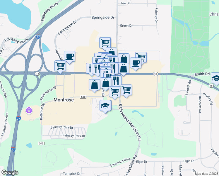 map of restaurants, bars, coffee shops, grocery stores, and more near 3900 Medina Road in Akron