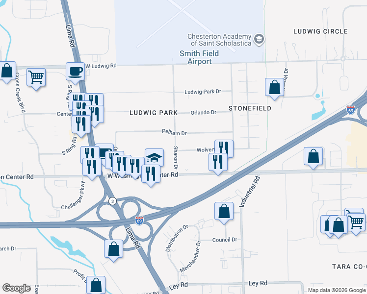map of restaurants, bars, coffee shops, grocery stores, and more near 1022 Wolverton Drive in Fort Wayne