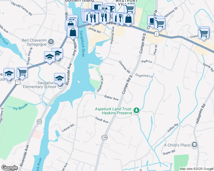 map of restaurants, bars, coffee shops, grocery stores, and more near 11 Marvin Place in Westport