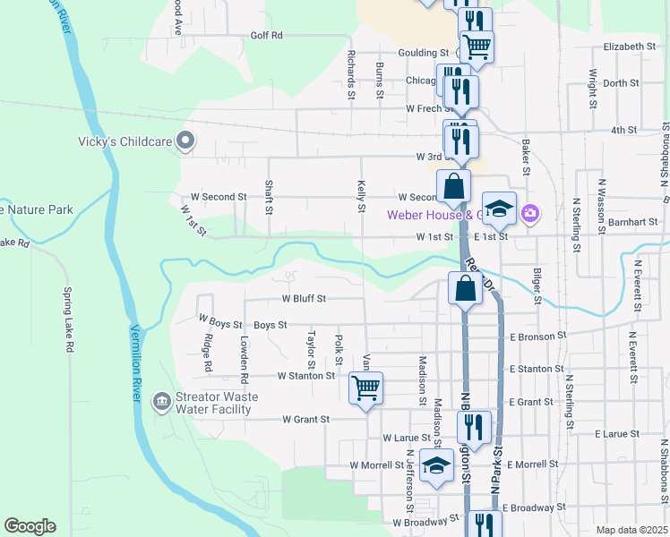 map of restaurants, bars, coffee shops, grocery stores, and more near 404 Prairie Court in Streator