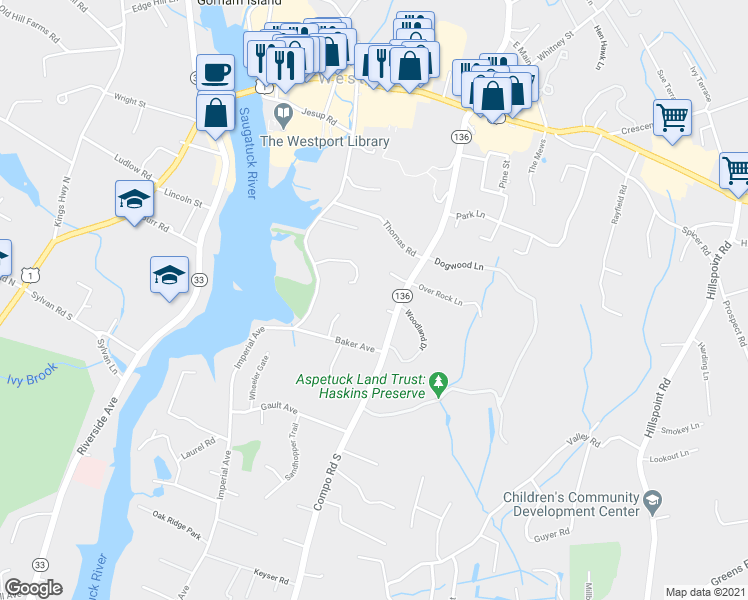 map of restaurants, bars, coffee shops, grocery stores, and more near 98 Compo Road South in Westport