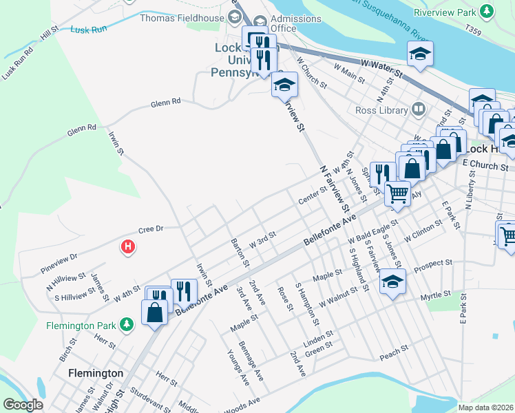 map of restaurants, bars, coffee shops, grocery stores, and more near 473 West 4th Street in Lock Haven