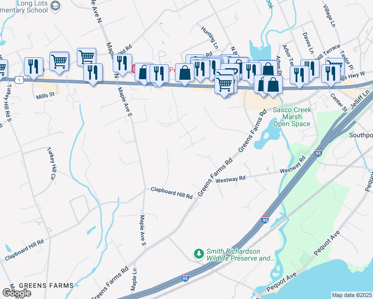 map of restaurants, bars, coffee shops, grocery stores, and more near 305 Lansdowne in Westport