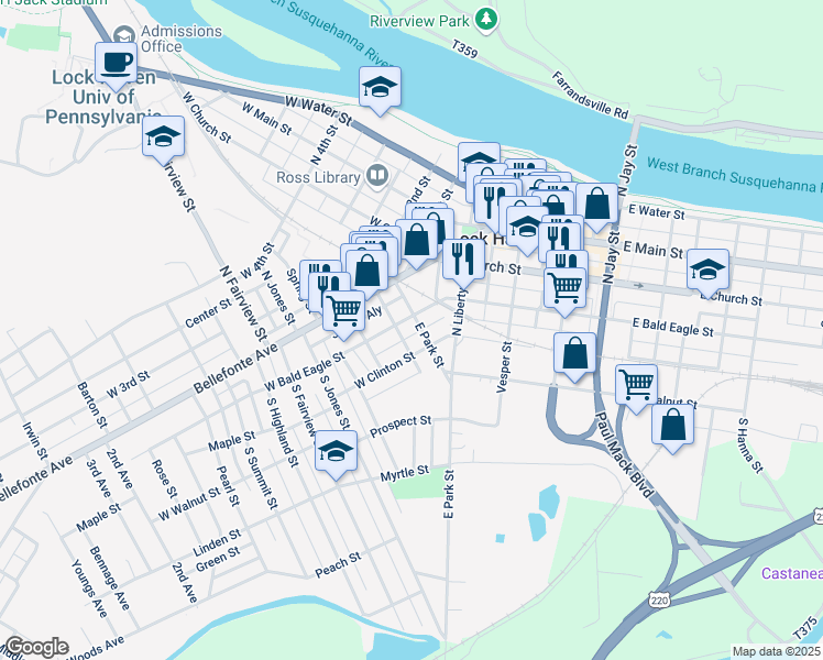 map of restaurants, bars, coffee shops, grocery stores, and more near 46 West Bald Eagle Street in Lock Haven