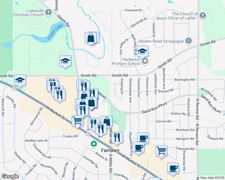 map of restaurants, bars, coffee shops, grocery stores, and more near 203 West Grayling Drive in Fairlawn