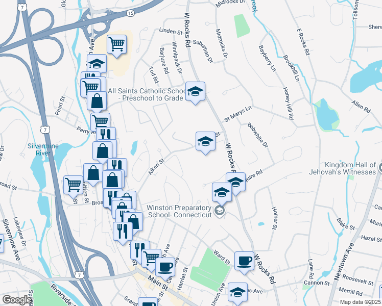 map of restaurants, bars, coffee shops, grocery stores, and more near 233 Sunrise Hill Lane in Norwalk