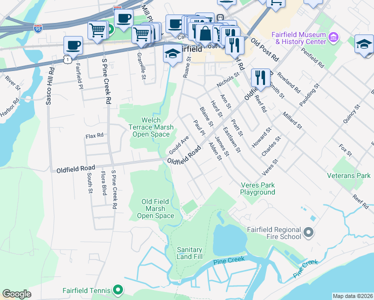 map of restaurants, bars, coffee shops, grocery stores, and more near 42 Somerville Street in Fairfield
