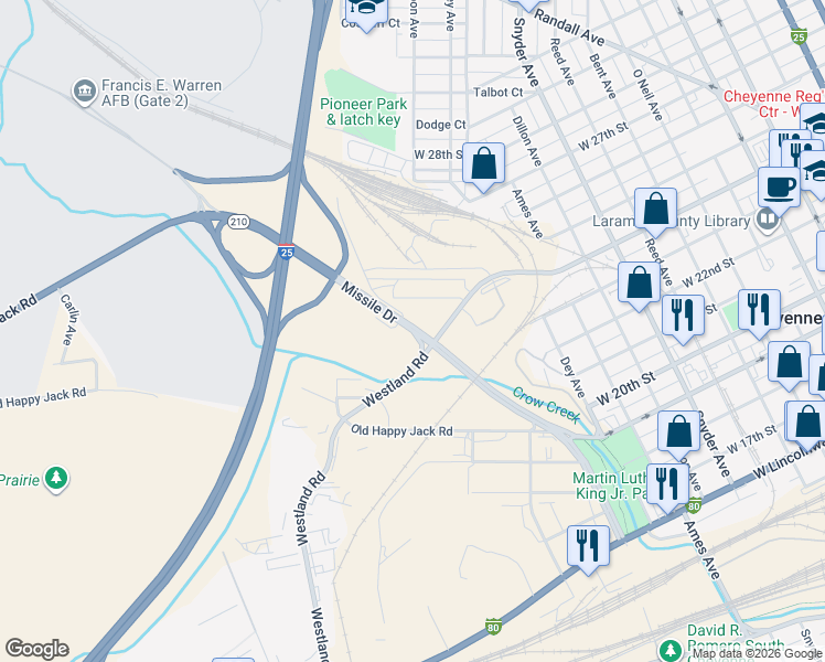 map of restaurants, bars, coffee shops, grocery stores, and more near 2433 Missile Drive in Cheyenne