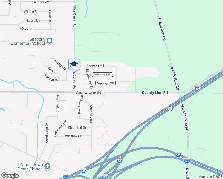 map of restaurants, bars, coffee shops, grocery stores, and more near 1993 East County Line Road in Mineral Ridge