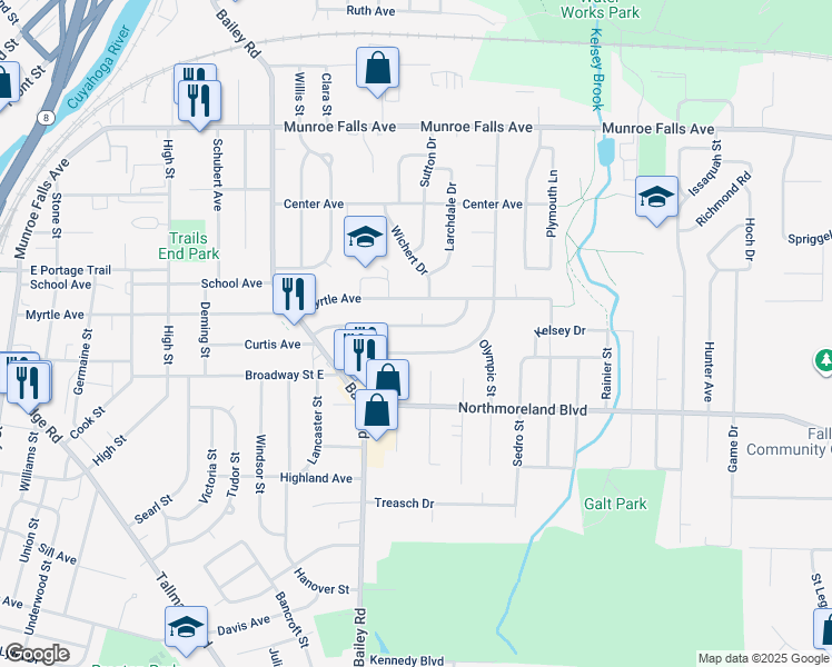 map of restaurants, bars, coffee shops, grocery stores, and more near 1330 Curtis Avenue in Cuyahoga Falls