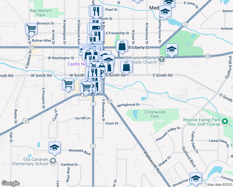 map of restaurants, bars, coffee shops, grocery stores, and more near 416 South Broadway Street in Medina